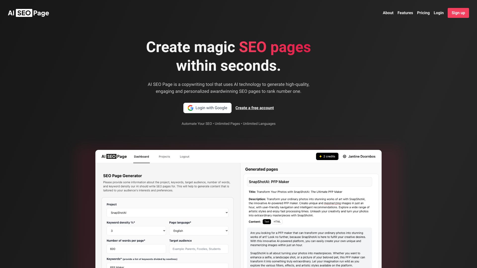 AI SEO Page screenshot