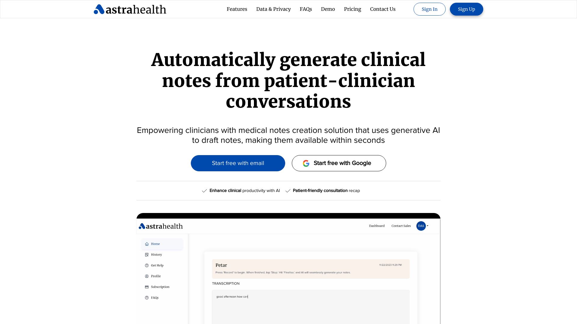 Astra Health AI screenshot