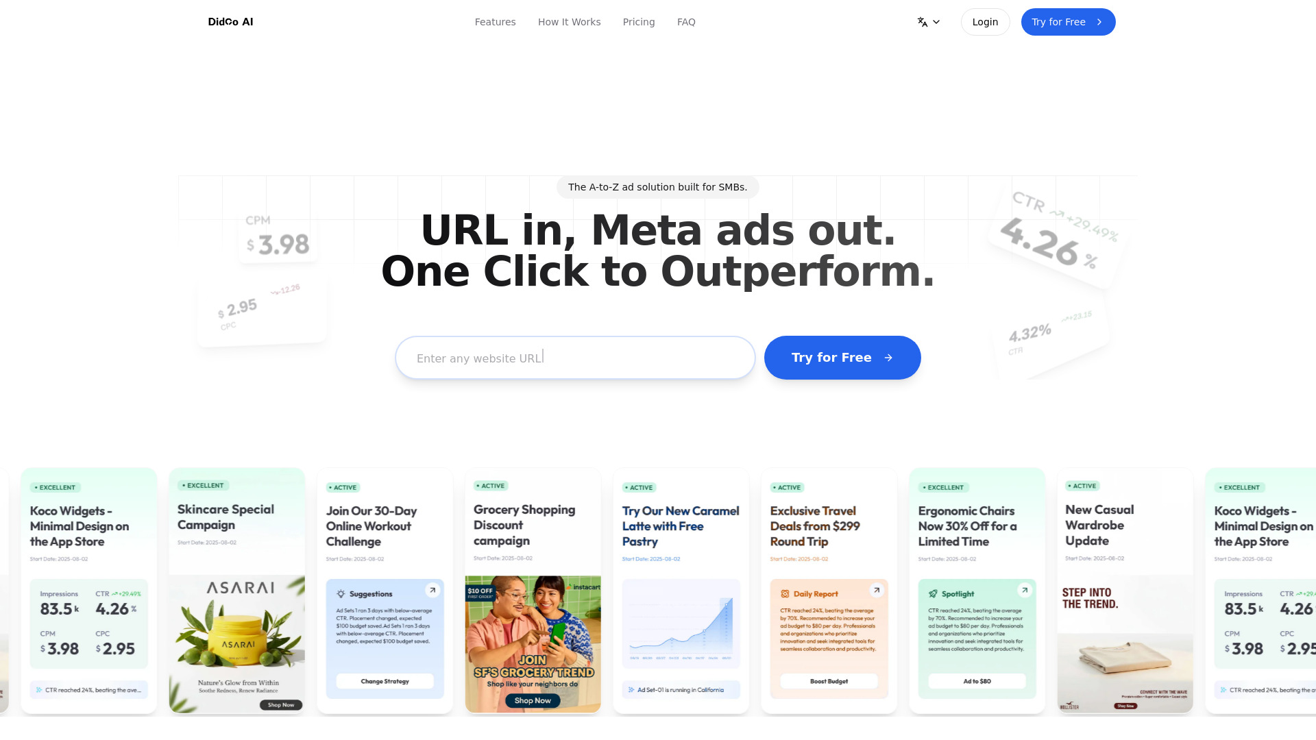 Didoo AI - URL in, Meta ads out. One Click to Outperform. screenshot